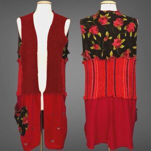 Salvaged Threads Women Sweater OS Red Duster Upcycle Repurposed Boho Hippe Artsy